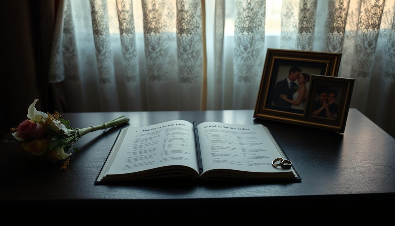 A dimly lit room, soft morning light filtering through delicate lace curtains. At the center, a desk with a single open book, its pages depicting statistics on same-sex divorce rates. Surrounding the desk, a carefully curated arrangement of emotive objects - a wilted bouquet, a single, solitary wedding ring, and a framed photograph of a loving couple. The atmosphere is one of melancholy contemplation, reflecting the complex factors that influence the dissolution of same-sex marriages. The scene is captured through a medium-range lens, creating a sense of intimacy and introspection. The overall mood is somber, yet poignant, inviting the viewer to ponder the nuances of this societal issue.