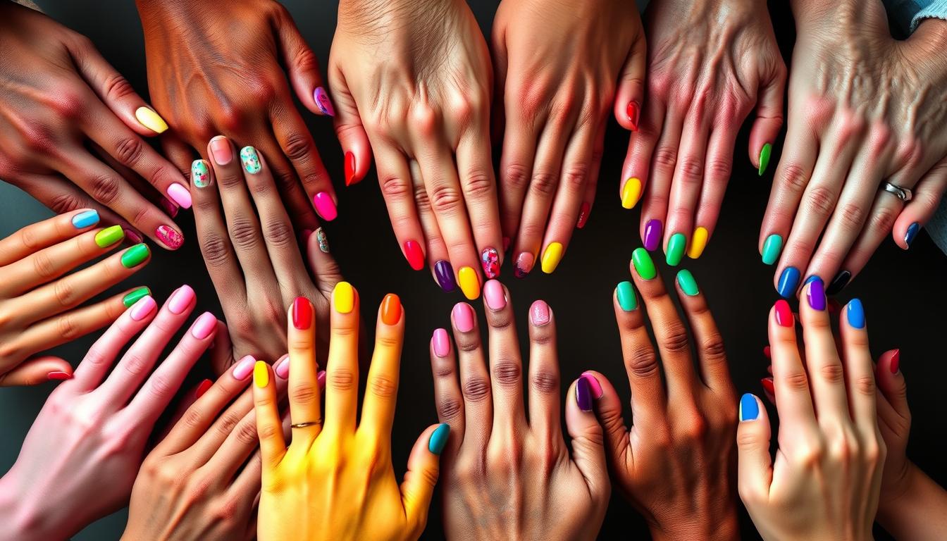 A dynamic and vibrant collection of rainbow-hued nails representing the diverse age groups. In the foreground, youthful hands display a playful array of neon and pastel shades, capturing the carefree spirit of teenagers. In the middle ground, a mature set of hands showcases a more refined, yet still vibrant, palette of jewel-toned lacquers, reflecting the confidence and self-expression of adults. In the background, elderly hands delicately sport an elegant gradient of rainbow hues, conveying the wisdom and embrace of individuality in the golden years. Soft, natural lighting illuminates the hands, highlighting the intricate details and the joyful, unifying essence of the rainbow nail trend. Photographed at a slight overhead angle to create a harmonious, kaleidoscopic composition.