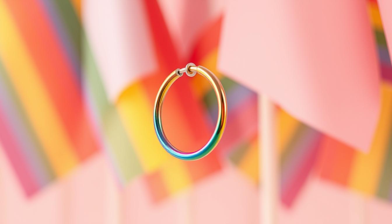 A vibrant rainbow-colored hoop earring floats against a backdrop of pastel LGBTQ+ pride flags, casting a warm, inclusive glow. The earring's central focus symbolizes the significance of ear piercings as a subtle signifier within the LGBTQ+ community. Soft, diffused lighting highlights the earring's delicate curves and metallic luster, conveying a sense of pride, unity and self-expression. The composition is balanced, with the earring's organic form complementing the geometric patterns of the flags. An aura of acceptance and visibility permeates the scene, capturing the essence of the 'gay ear' concept.
