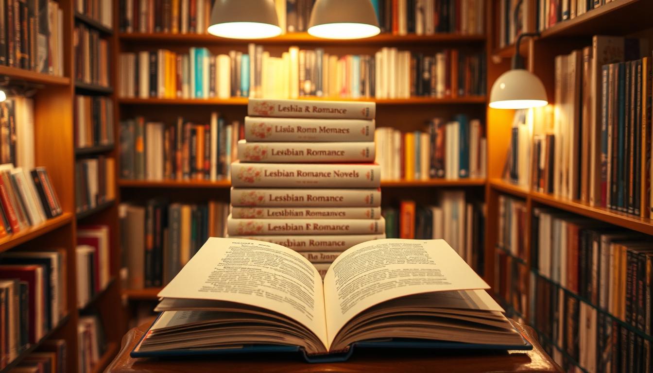 A cozy corner of a bookstore, the warm glow of lamps illuminating the shelves. Prominent on the center display, a stack of captivating lesbian romance novels with alluring covers. The books are designed with a soft, romantic aesthetic - pastel hues, delicate floral elements, and subtle typographic treatments. In the foreground, a single novel is open, its pages inviting the viewer to immerse themselves in the stories of love, connection, and self-discovery that unfold within. The overall scene radiates a sense of comfort, intimacy, and the promise of heartwarming narratives waiting to be discovered.