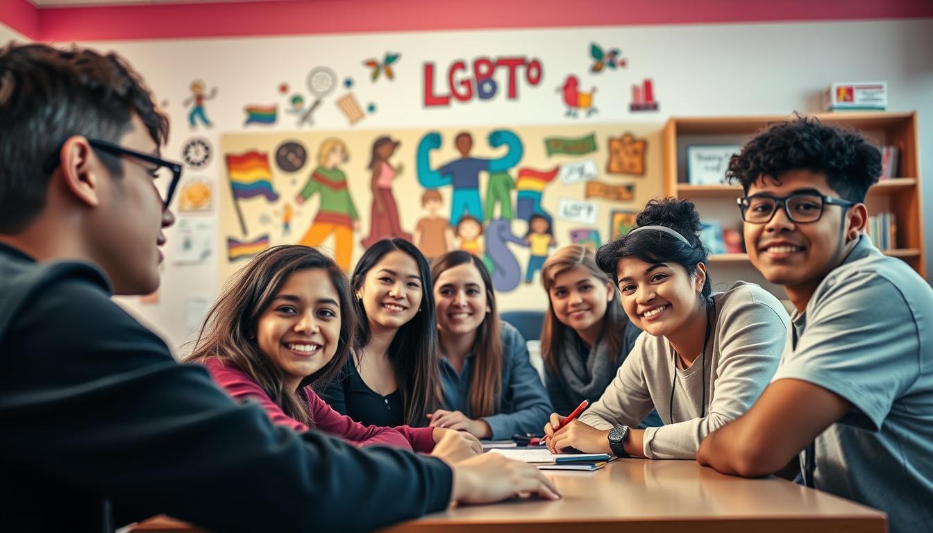A vibrant and inclusive classroom setting, with students of diverse gender identities and expressions engaged in collaborative learning. The foreground features a group of students sitting around a table, their faces reflecting a sense of belonging and empowerment. The middle ground showcases a colorful, LGBTQ-themed mural on the wall, depicting symbols of equality and diversity. The background is softly lit, creating a warm and welcoming atmosphere, with bookshelves and educational materials visible. The overall scene conveys a sense of openness, acceptance, and the celebration of LGBTQ identities within the educational context.