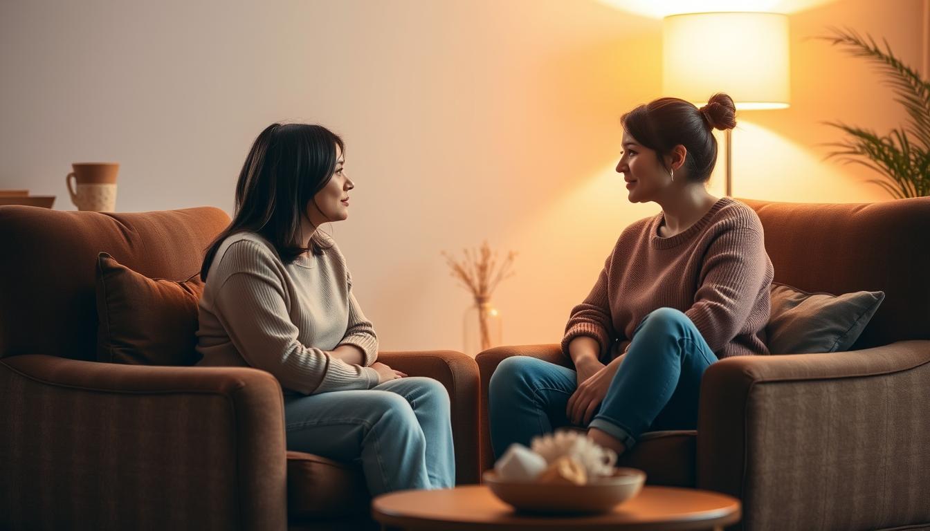 A warm, inviting interior scene of a counseling session for a same-sex couple. A cozy room with plush armchairs and ambient lighting, creating a comforting atmosphere. The couple, two women, sit facing each other, engaged in a heartfelt discussion, their expressions reflecting vulnerability and trust. Soft textures, earthy tones, and a sense of openness and acceptance pervade the space, conveying the specialized, affirming nature of LGBTQ+ relationship therapy.