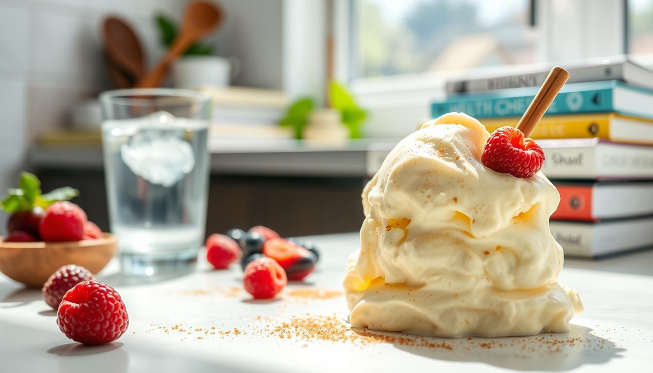 A bright, sun-drenched kitchen counter with a scoop of creamy, pale-yellow cottage cheese ice cream, adorned with fresh berries and a sprinkle of cinnamon. In the background, a glass of chilled, refreshing water and a stack of health-focused recipe books. The scene exudes a sense of wellness and natural goodness, inviting the viewer to appreciate the nutritional benefits of this guilt-free dessert. Soft, diffused lighting accentuates the smooth, velvety texture of the ice cream, while the vibrant colors of the berries and the warm hues of the cinnamon add a touch of rustic charm. The overall composition conveys the idea of a healthful, indulgent treat that nourishes both the body and the soul.