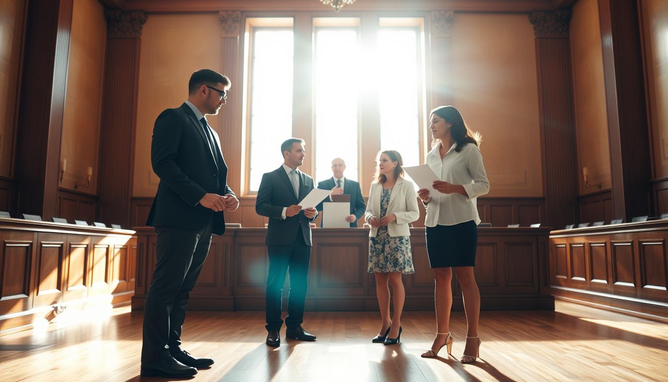 A sunlit courthouse interior, gleaming hardwood floors and tall windows casting warm light. In the foreground, two couples - one male, one female - stand solemnly before a judge, paperwork in hand, signifying the finalization of their divorces. Behind them, an elegant architectural backdrop suggests a sense of ceremony and solemnity, while subtle visual cues, like body language and facial expressions, convey the emotional weight of the moment. The scene is shot with a shallow depth of field, keeping the focus on the central figures and lending an intimate, documentary-like quality to the composition.