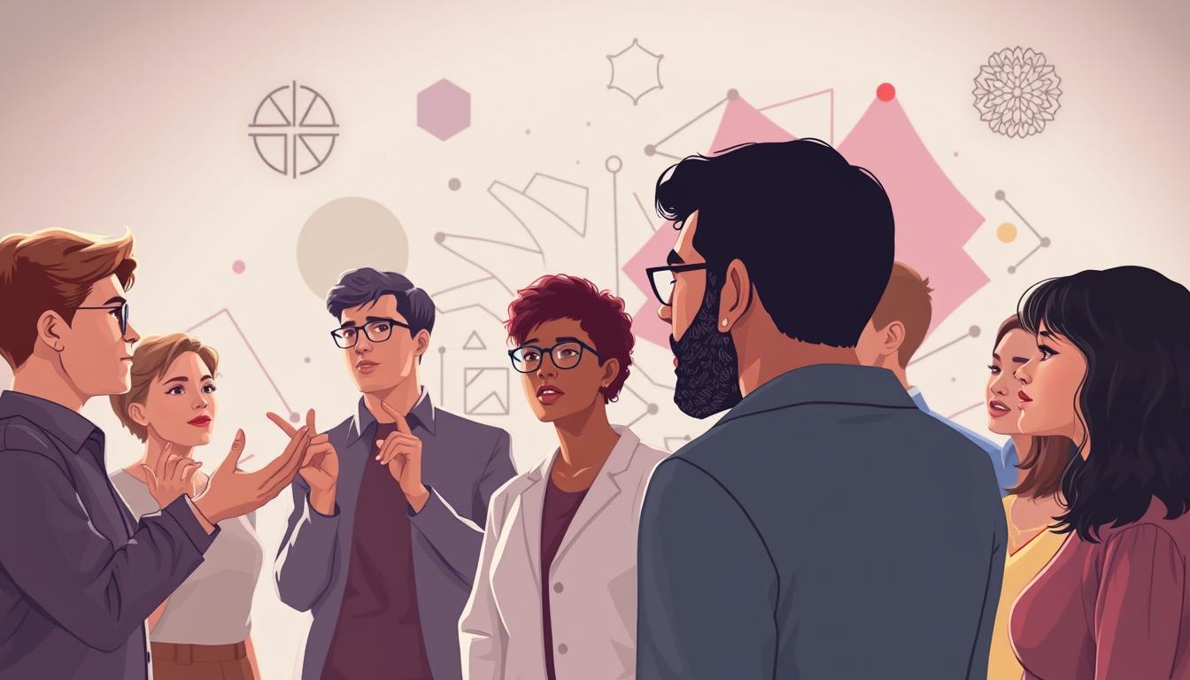A thought-provoking illustration of queer theory in communication studies. In the foreground, a diverse group of individuals engaged in dynamic discourse, their gestures and expressions conveying the nuanced perspectives and inclusive dialogues that characterize this field. The middle ground features a backdrop of abstract, geometric shapes and patterns, representing the conceptual frameworks and critical analyses that underpin queer theory. Soft, diffused lighting casts an introspective, contemplative mood, while the overall composition suggests a harmonious balance between individual expression and collective understanding. The scene evokes the transformative power of queer theory in shaping our comprehension of communication, identity, and social change.