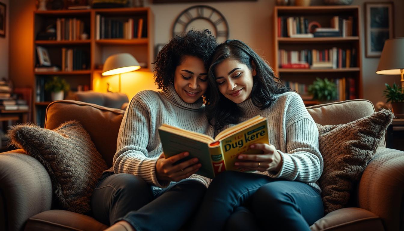 A cozy, intimate scene of two women curled up together on a plush sofa, reading a book. Soft, warm lighting illuminates their faces, highlighting the tender, affectionate expressions as they share the moment. The background is a cozy, rustic living room, filled with bookshelves and personal touches that create a sense of comfort and belonging. The composition is balanced and inviting, drawing the viewer into the intimate, relatable moment of representation and representation in literature.