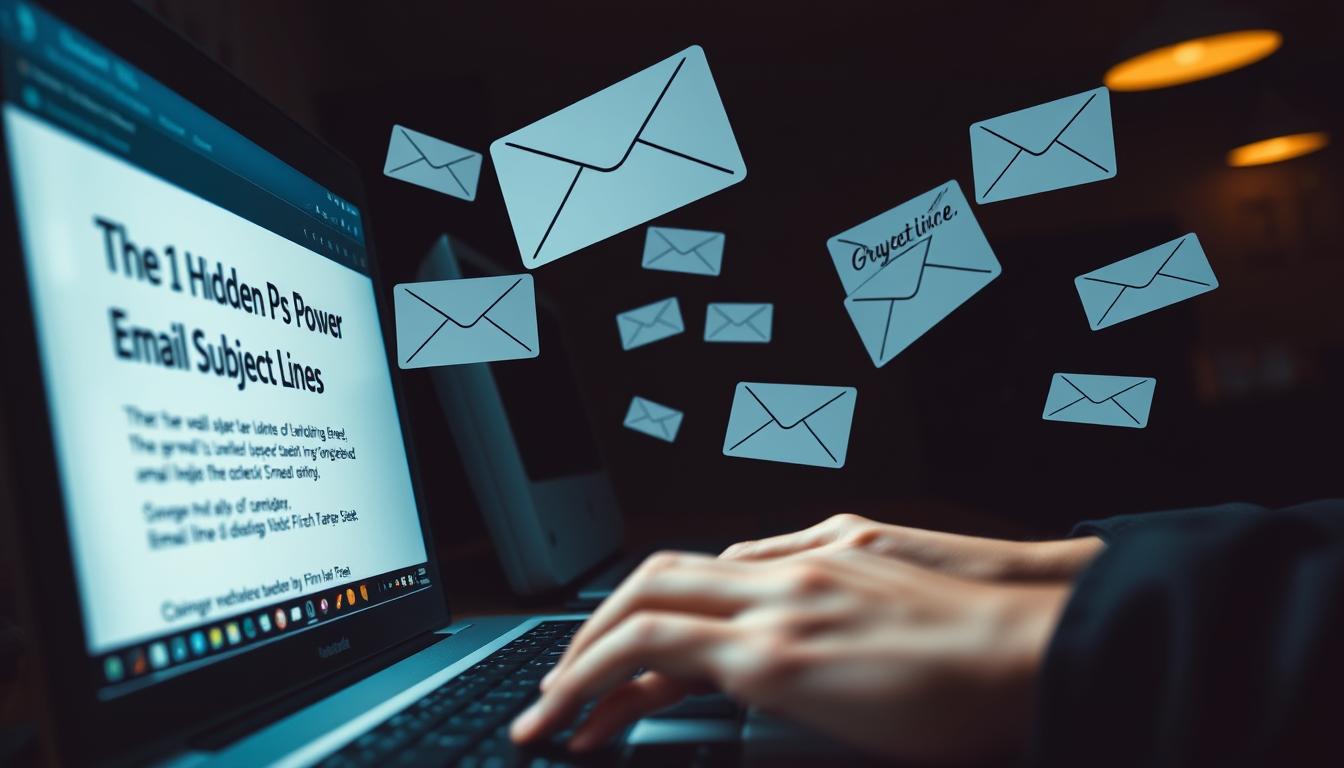 A high-contrast, cinematic image of an email inbox, with the subject line "The Hidden Power of Email Subject Lines" prominently displayed on a desktop computer screen. The foreground features a hand typing on a keyboard, conveying a sense of focus and intentionality. The middle ground showcases various email subject lines floating in the air, each with a distinct personality and style, representing the diverse approaches to crafting effective subject lines. The background depicts a dimly lit office setting, with strategic lighting highlighting the importance and gravity of the topic. The overall mood is one of contemplation and the realization of the outsized impact that a well-designed subject line can have on email engagement and success.