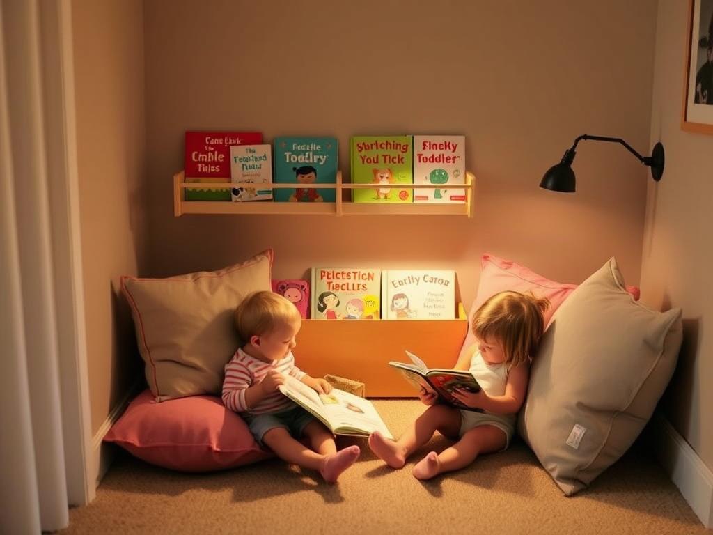 Cozy reading nook with pillows, soft lighting and accessible books for toddlers