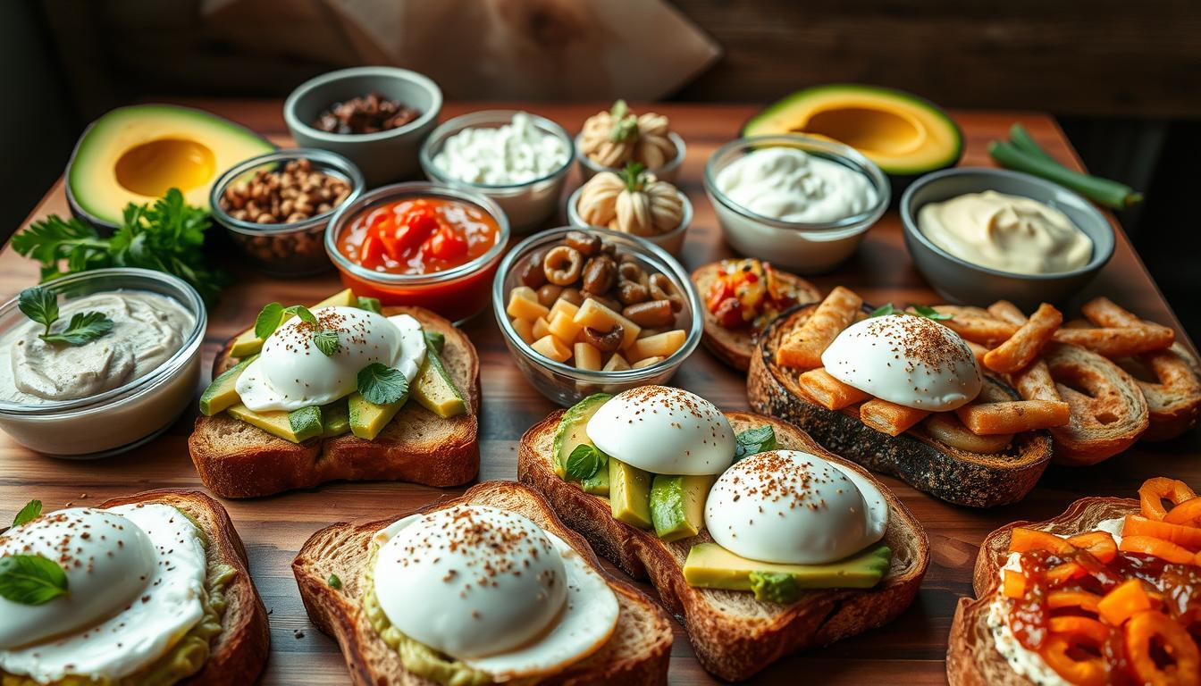A well-lit, appetizing arrangement of various delicious toast recipes, capturing the essence of the "Serving Suggestions" section. In the foreground, a selection of toasted breads topped with avocado, poached eggs, and vibrant garnishes like fresh herbs and a sprinkle of spices. The middle ground showcases an assortment of complementary spreads, dips, and toppings, each beautifully presented. In the background, a rustic wooden table or surface, creating a warm, inviting atmosphere. The lighting is soft and natural, highlighting the textures and colors of the ingredients. The overall composition is visually appealing, inspiring the viewer to create their own nourishing and delectable avocado toast creations.