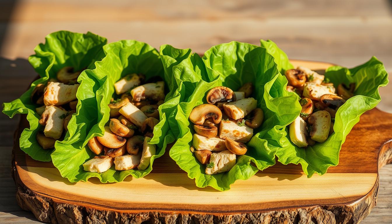 Keto-friendly turkey lettuce wraps with vibrant green lettuce leaves, juicy turkey slices, and a flavorful low-carb filling of sautéed mushrooms, onions, and herbs. The wraps are arranged on a rustic wooden board, casting soft shadows across the natural textures. Warm, natural lighting from the side accentuates the fresh, crunchy ingredients. The composition is visually balanced, with the wraps taking center stage against a minimalist, uncluttered background that allows the details to shine.