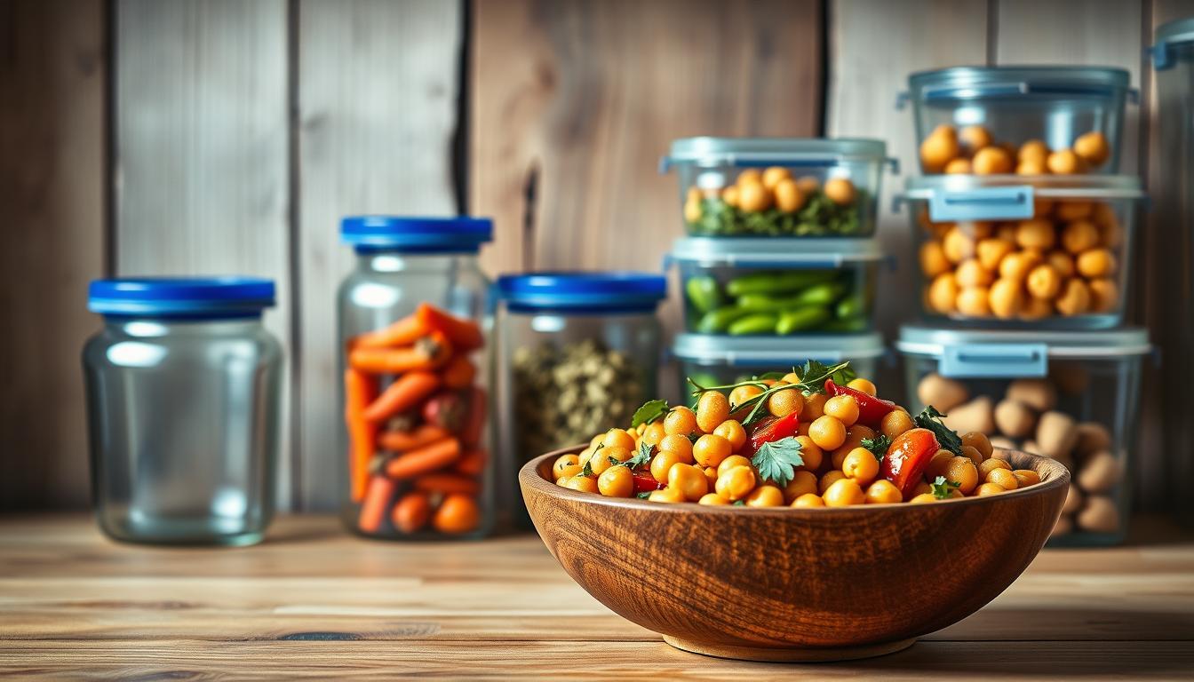 A vibrant Mediterranean chickpea bowl set against a rustic, light-dappled backdrop. In the foreground, a wooden bowl brimming with chickpeas, roasted vegetables, and fresh herbs, garnished with a drizzle of olive oil. Surrounding it, an assortment of storage containers - glass jars and airtight plastic containers - ready to safely preserve the flavorful leftovers. The middle ground features a simple, uncluttered kitchen counter, its natural wood tones complementing the earthiness of the dish. Soft, diffused lighting casts a warm, inviting glow, creating an atmosphere of nourishment and wellness. The overall scene radiates the healthy, wholesome essence of the Mediterranean diet.