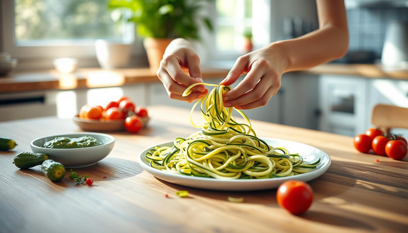 A bright and airy kitchen setting. On a wooden table, spiralized zucchini noodles are artfully arranged, accompanied by a vibrant pesto sauce and a scattering of juicy cherry tomatoes. Sunlight streams through a nearby window, casting a warm, natural glow over the scene. The focus is on the hands of a home cook, carefully assembling the ingredients with a delicate touch, creating a visually appealing and healthy pasta alternative. The overall mood is one of freshness, nourishment, and mindful food preparation.