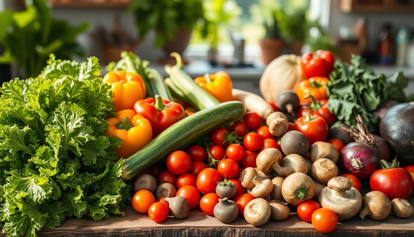 A vibrant medley of freshly harvested vegetables, expertly arranged on a rustic wooden table. In the foreground, an array of crisp kale, bell peppers in a rainbow of hues, and zucchini spears glistening under soft, natural lighting. The middle ground features a scattering of plump cherry tomatoes, juicy beets, and earthy mushrooms, their colors and textures creating a visually striking composition. In the background, a subtle blurred backdrop suggests a sunlit kitchen or open-air market, evoking a sense of warmth and abundance. The overall scene conveys a mood of health, vitality, and a celebration of the natural world's bounty.