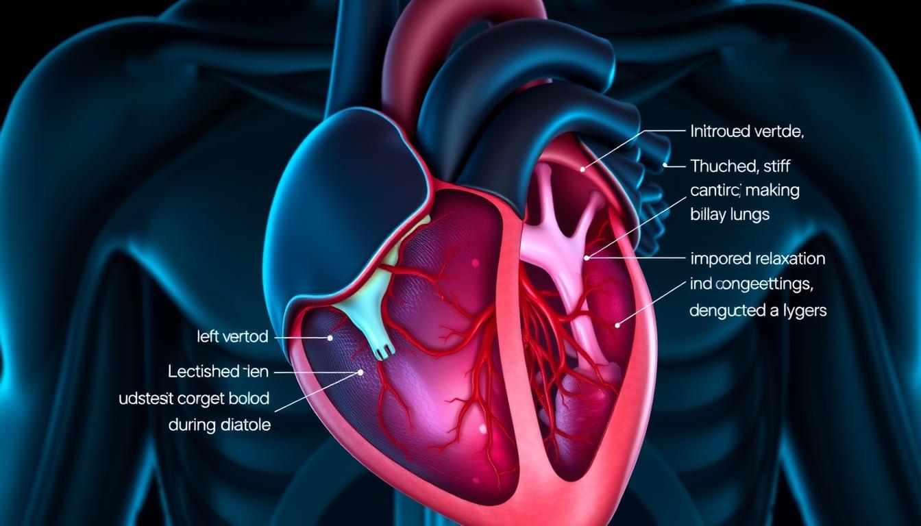 High-contrast, close-up medical illustration of diastolic dysfunction symptoms in the human heart. Detailed cross-section of the left ventricle showing thickened, stiff walls, impaired relaxation, and reduced filling during diastole. Emphasize the obstructed blood flow and congestion in the lungs and other organs. Use cool, muted colors to convey a sense of seriousness and clinical precision. Subtle ambient lighting from the side to create depth and shadows. Tight framing to focus attention on the affected heart anatomy.
