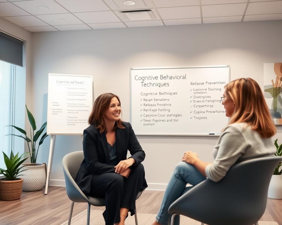 A well-lit clinic interior with a contemporary, minimalist design. In the foreground, a therapist sits opposite a patient, engaged in a thoughtful discussion. The therapist's expression conveys empathy and a collaborative approach. In the middle ground, a whiteboard displays cognitive-behavioral techniques and relapse prevention strategies. The background features calming nature-inspired decor, such as potted plants and abstract art, creating a serene, therapeutic ambiance. The overall scene suggests a safe, supportive environment for evidence-based OCD treatment.