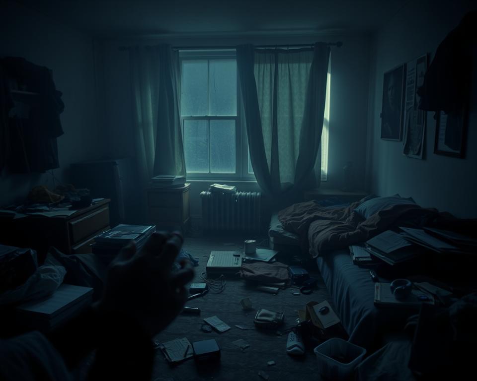 A dimly lit bedroom, cluttered with scattered objects and unfinished tasks. In the foreground, a person's hands nervously rearranging items, seeking an elusive sense of order. The middle ground reveals a troubled expression, eyes darting around, lost in a cycle of obsessive thoughts. The background is hazy, suggesting the overwhelming feeling of being trapped in a mental labyrinth. Shadows loom, creating an atmosphere of unease and restlessness, reflecting the internal turmoil of OCD symptoms.