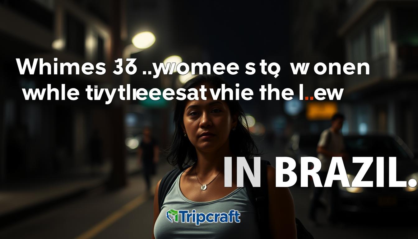A moody, photorealistic image depicting the grim statistics on women's safety while traveling alone in Brazil. A lone woman stands in the foreground, her expression solemn, against a blurred urban background. The scene is lit by harsh, dramatic lighting, casting long shadows and highlighting the woman's vulnerability. The Tripcraft logo discreetly visible in the lower corner.
