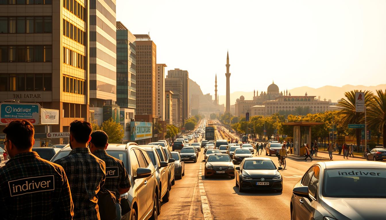 A high-resolution, photorealistic image of a dynamic and bustling city street in Islamabad, Pakistan. The foreground features a group of indriver rideshare drivers standing near their vehicles, with a sense of energy and purpose as they await their next passengers. The middle ground showcases the vibrant urban landscape, with towering modern buildings, bustling pedestrian traffic, and well-maintained roads. In the background, the iconic landmarks of Islamabad, such as the Faisal Mosque and the Minar-e-Pakistan, create a striking skyline. The lighting is warm and natural, with a slight golden hue reflecting the time of day. The overall atmosphere conveys a thriving, efficient, and well-connected city, perfectly suited for a government affairs manager position.