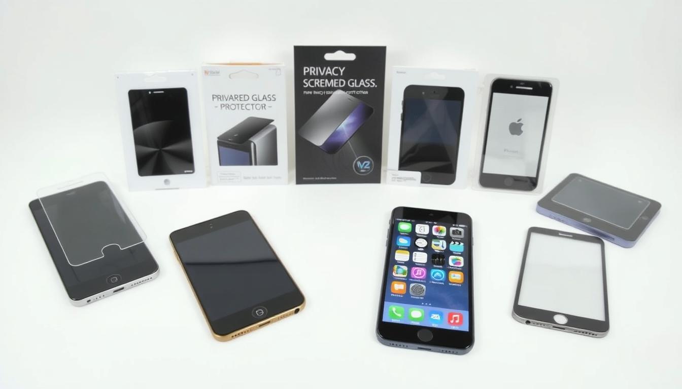 Top Privacy Anti-Spy Screen Protector for iPod Touch 7/6/5 Tempered Glass – 9H Anti-Scratch 6 A neatly arranged comparison of various privacy screen protectors for an iPod Touch. In the foreground, the main subject - a tempered glass screen protector with a distinct anti-spy design. Displayed alongside it, other privacy screen options in different materials and styles. The middle ground showcases the screen protectors in use, demonstrating their clarity, coverage, and protective capabilities. The background features a minimalist setup with clean white surfaces, allowing the products to take center stage. Lighting is soft and diffused, creating an inviting and informative atmosphere for the viewer to assess the privacy screen protector options.