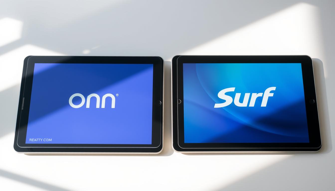 Best Tempered Glass Screen Protector for Onn 8 Tablets & Surf 8" Tablets – 2025 Guide 4 A detailed close-up view of two 8-inch tablet screens, one displaying the Onn logo and the other the Surf logo, placed side by side on a clean, light-colored surface. The screens should be shown with a sharp focus, highlighting the fine details of the tempered glass screen protectors. Soft, natural lighting illuminates the scene, creating gentle shadows and highlights that accentuate the texture and clarity of the glass. The composition should be balanced and symmetrical, allowing the viewer to easily compare and contrast the two screen protectors. The overall mood should be one of clarity, precision, and subtle product comparison.