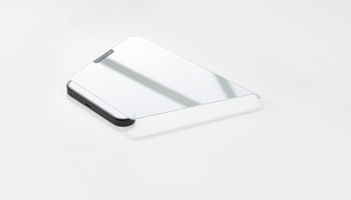 A sleek, high-quality tempered glass screen protector for iPhone 13, showcased on a minimalist white background. The protector is positioned at a slight angle, allowing a clear view of its smooth, edge-to-edge fit and seamless integration with the device. Subtle reflections on the glass surface create a sense of depth and premium quality. Soft, diffused lighting from the top left enhances the product's clarity and highlights its transparent, case-friendly design. The overall composition is clean, modern, and focused solely on the screen protector, allowing it to be the central subject.
