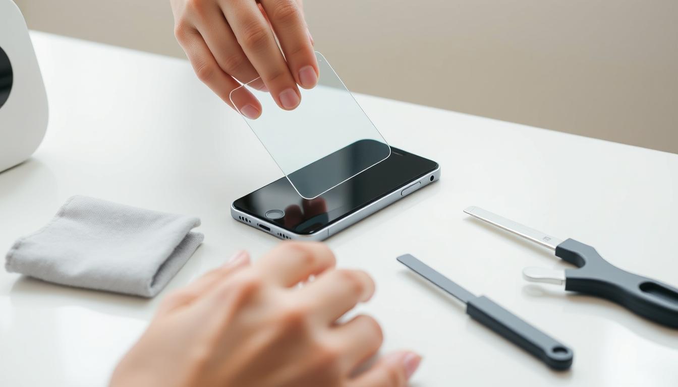 Top Privacy Anti-Spy Screen Protector for iPod Touch 7/6/5 Tempered Glass – 9H Anti-Scratch 3 A detailed, step-by-step guide for installing a tempered glass screen protector on an iPod Touch. The foreground depicts a person's hands carefully aligning and pressing the glass protector onto the device's screen, with a focus on the precise application process. The middle ground shows the iPod Touch placed on a clean, flat surface, surrounded by the necessary installation tools like a microfiber cloth and a squeegee. The background features a softly blurred, minimalist workspace with clean lines and neutral tones, creating a calm, professional atmosphere. The lighting is bright and diffused, emphasizing the delicate nature of the task. The overall mood is one of careful attention to detail and a seamless user experience.