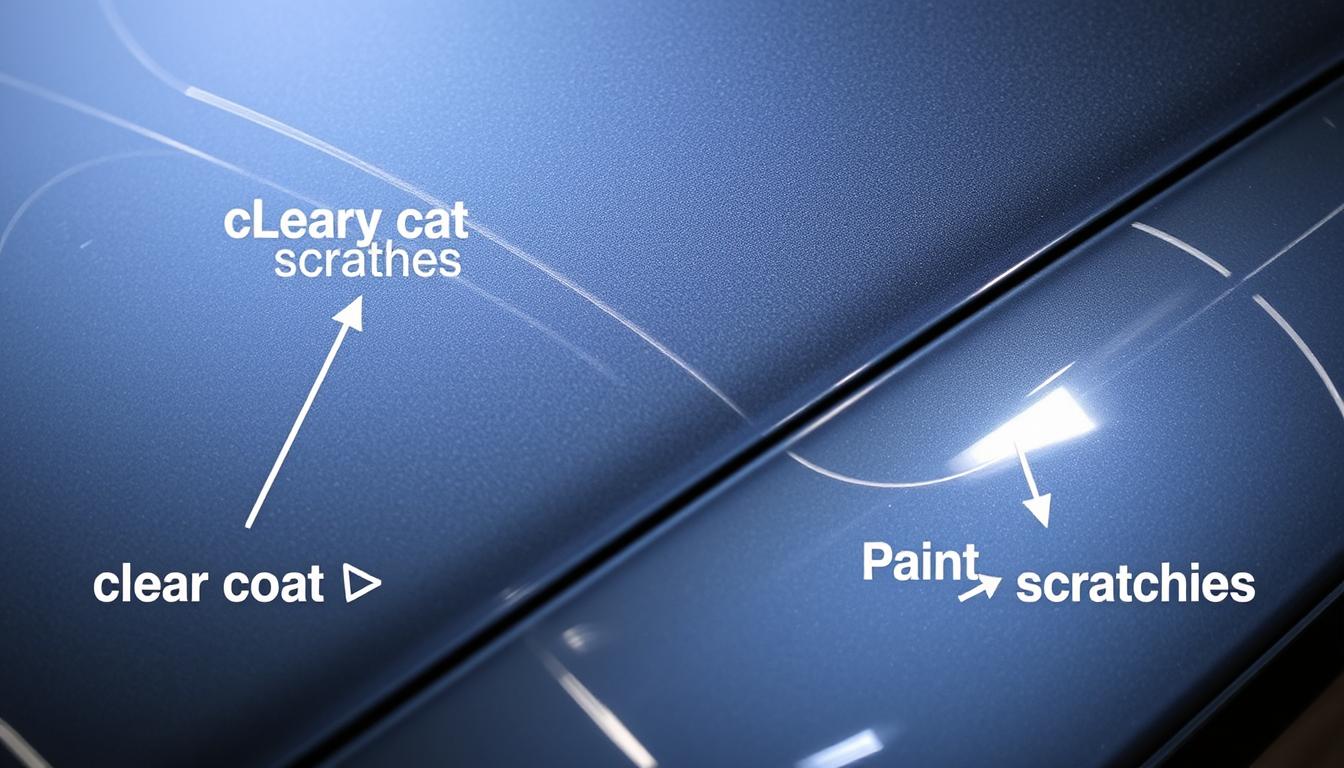 Different types of car scratches showing clear coat vs. deep paint damage