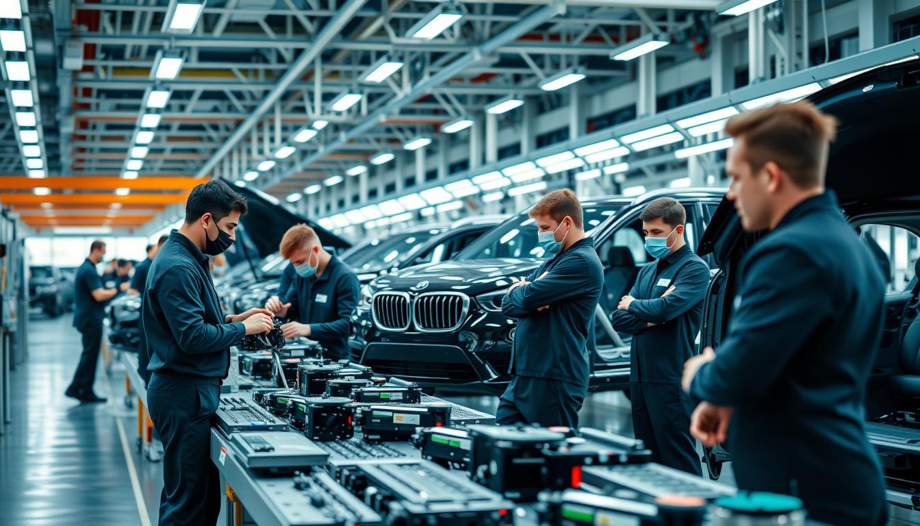 BMW employees working on assembly line where BMW cars are manufactured