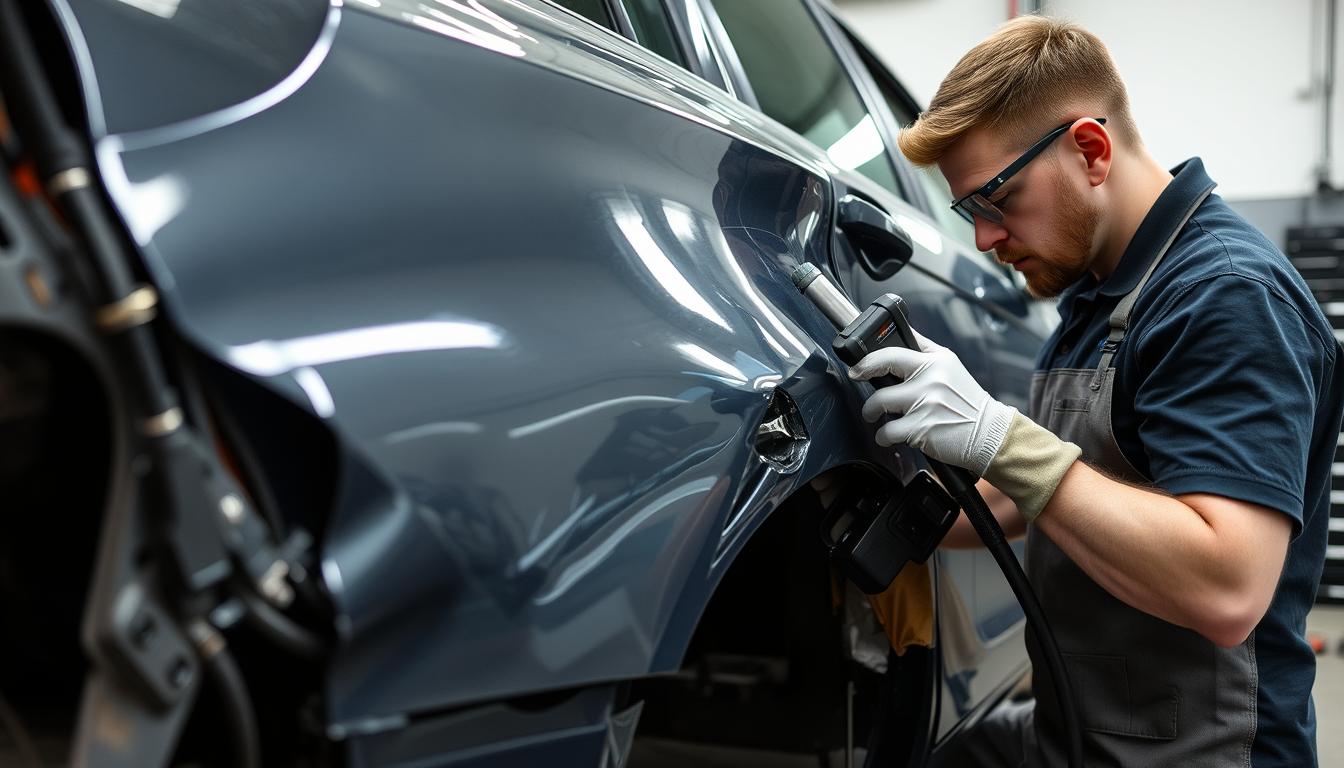 Professional auto body technician repairing deep car damage