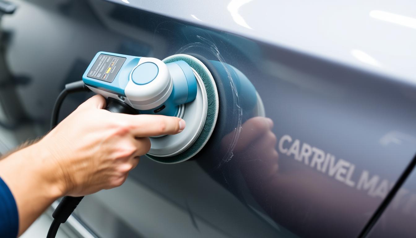 Person using a dual-action polisher on a car panel