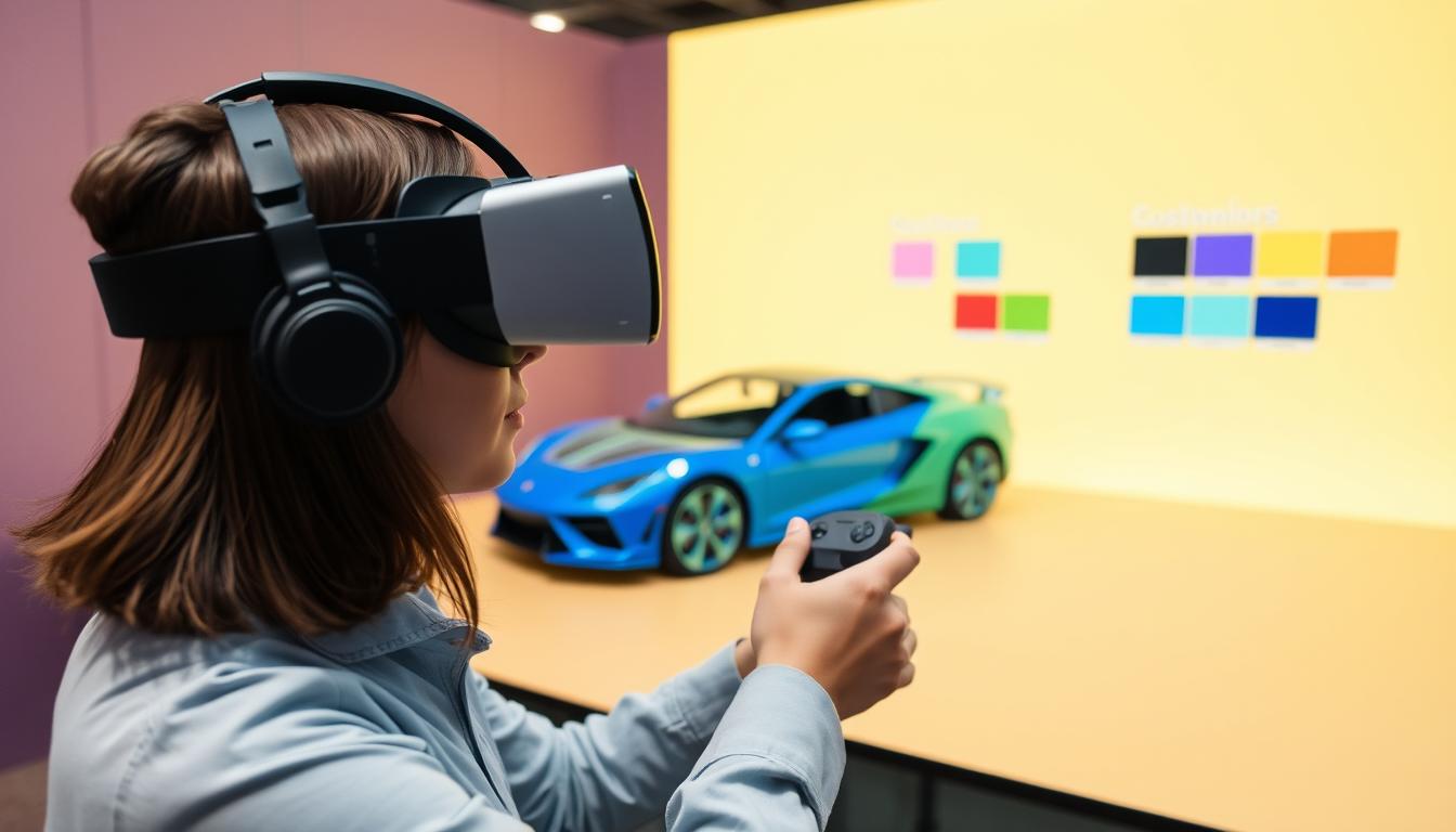 Person using VR headset to customize a car in virtual reality