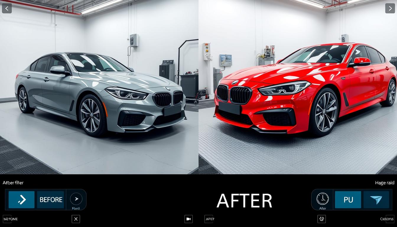 Car in a virtual paint booth showing before and after color change