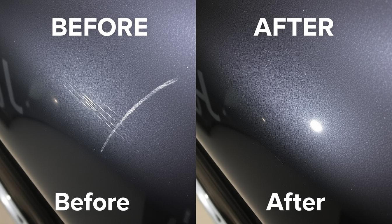 Before and after comparison of buffed car scratch