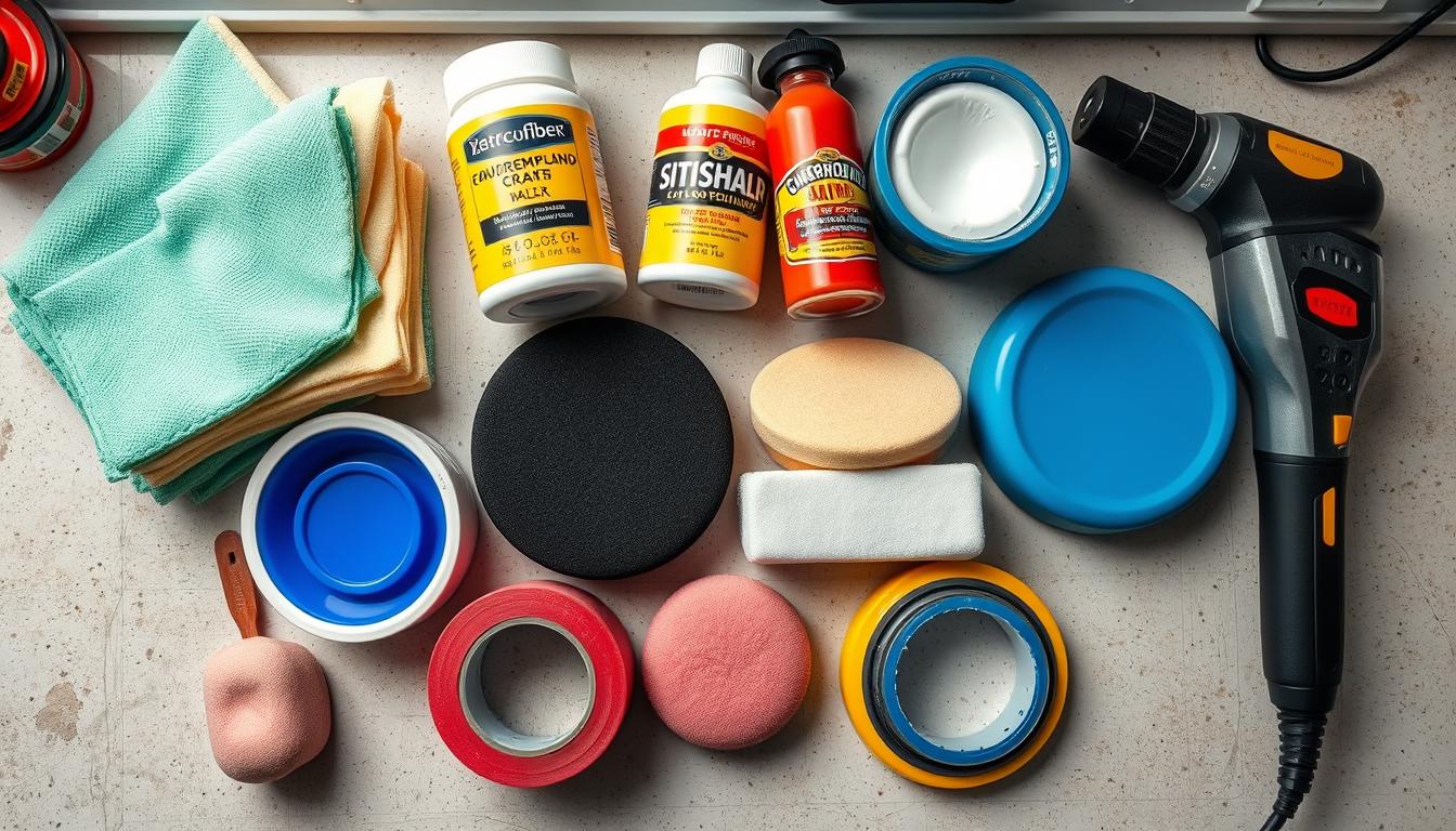 Complete set of car scratch repair tools laid out on a clean surface