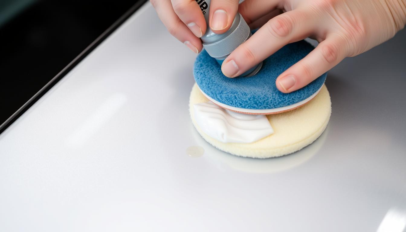 Person buffing out a clear coat scratch on a car