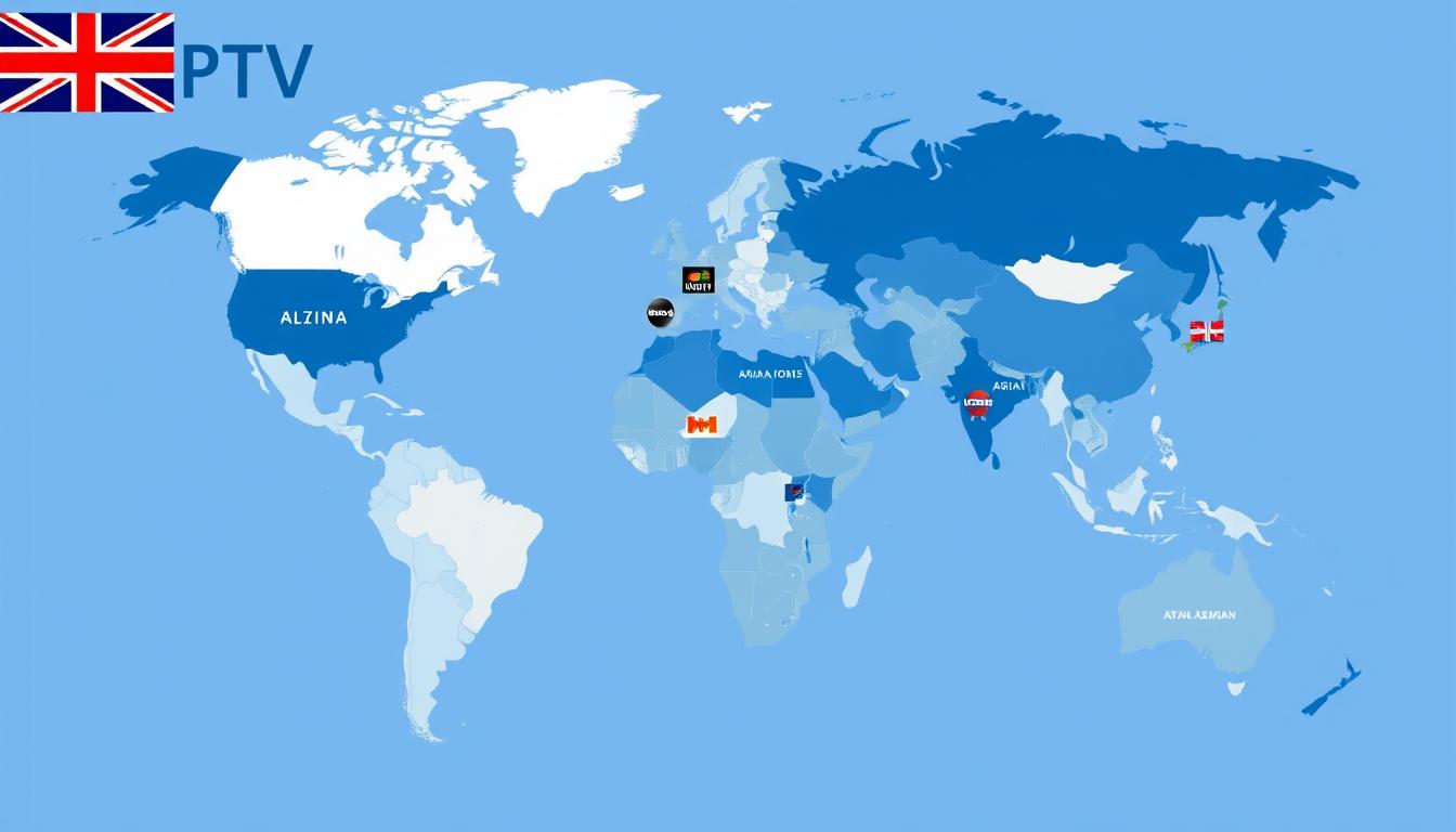 World map overlay showing international channels available on UK IPTV