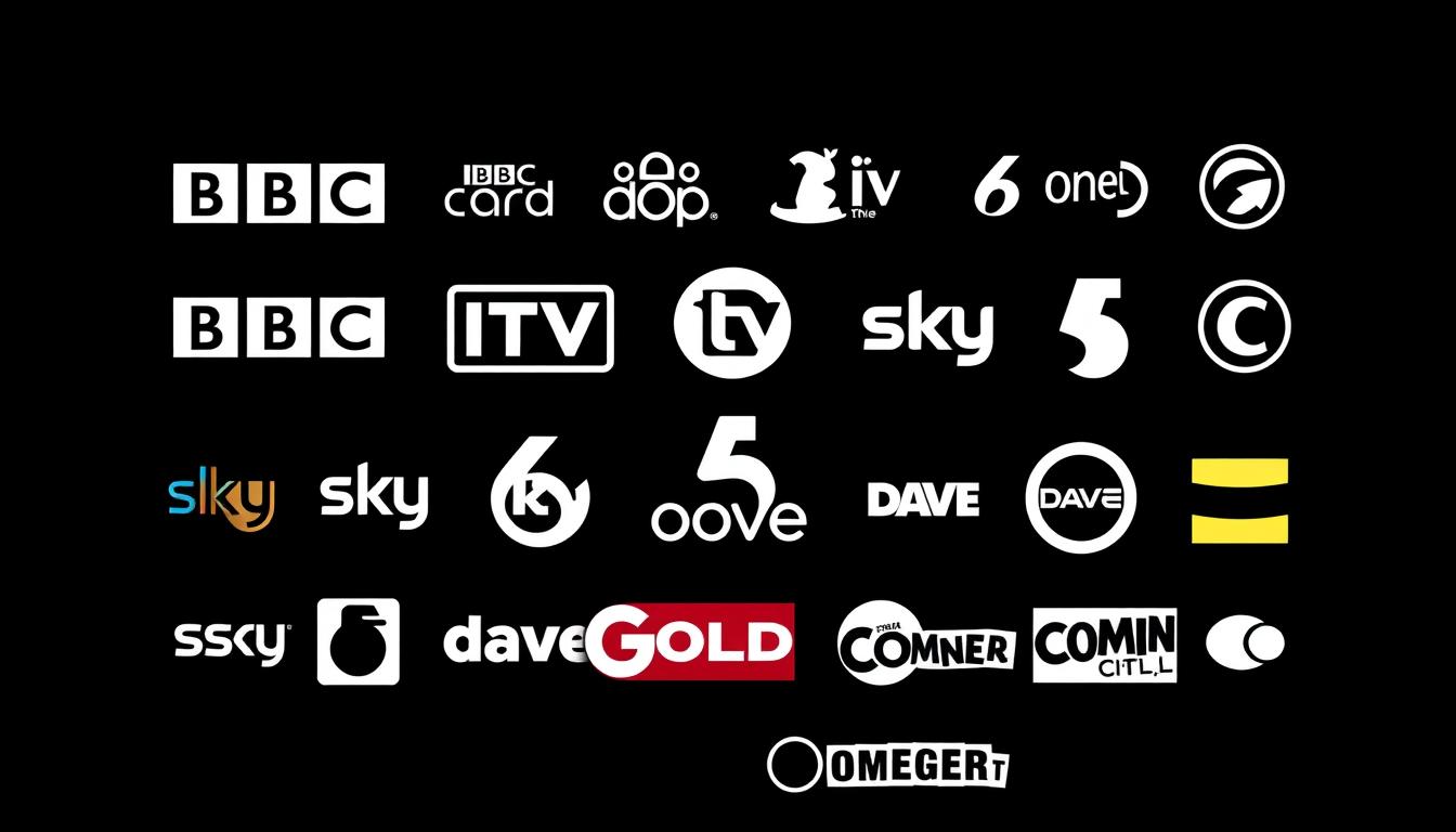 Grid display of UK entertainment channel logos including BBC, ITV, Channel 4, and Sky