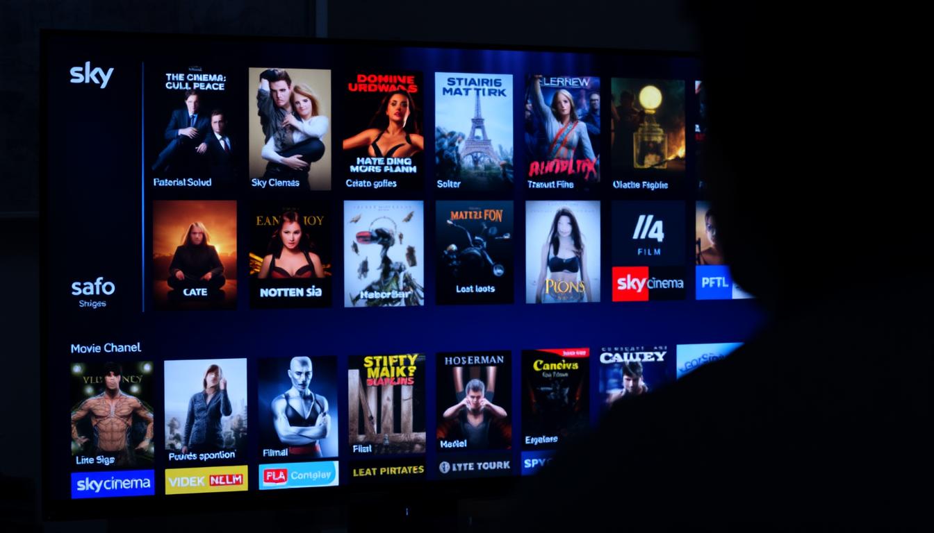 Person browsing through movie channels on IPTV showing various film genres
