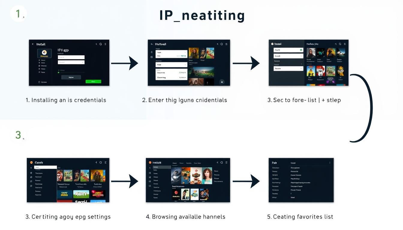 Step-by-step visual guide showing IPTV setup process on a device
