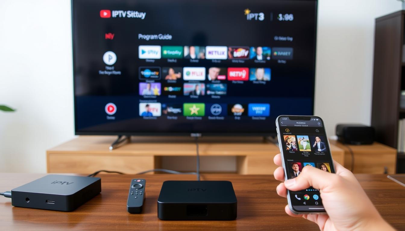 Setup showing IPTV equipment including streaming device, remote, and TV displaying channel guide
