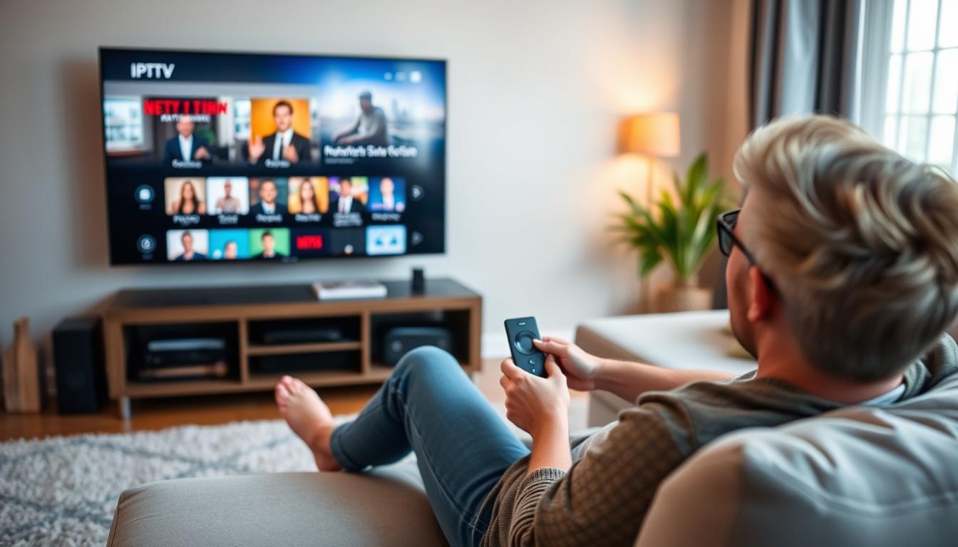 Person enjoying IPTV content on Firestick in living room