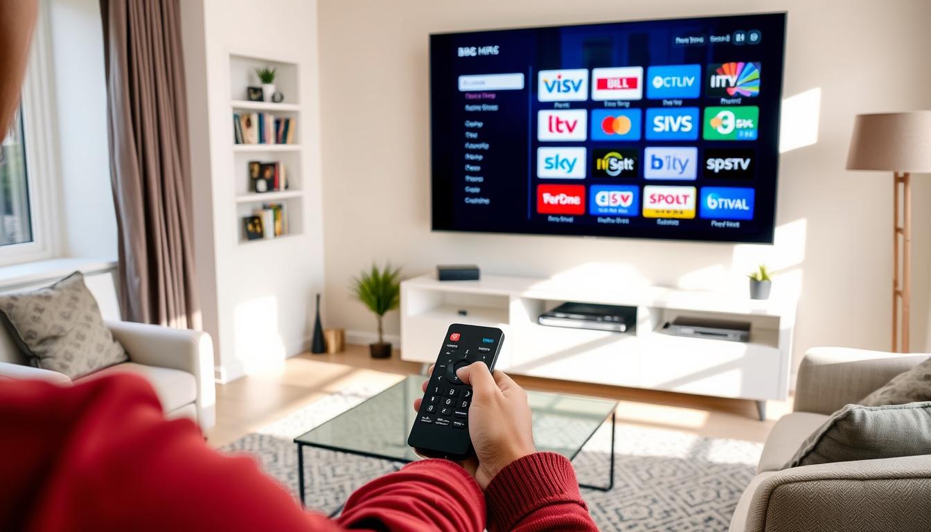 Person watching IPTV UK channels on a smart TV in living room