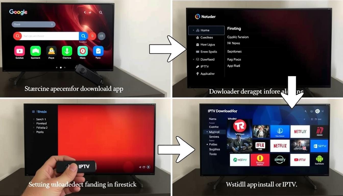 Step-by-step IPTV setup process on Firestick showing the Downloader app