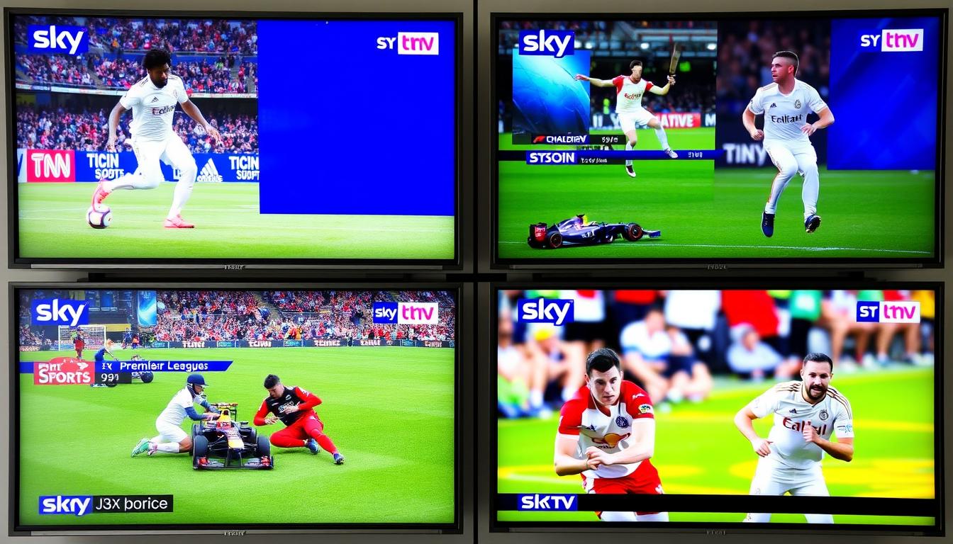Multiple screens showing various UK sports channels including Premier League football