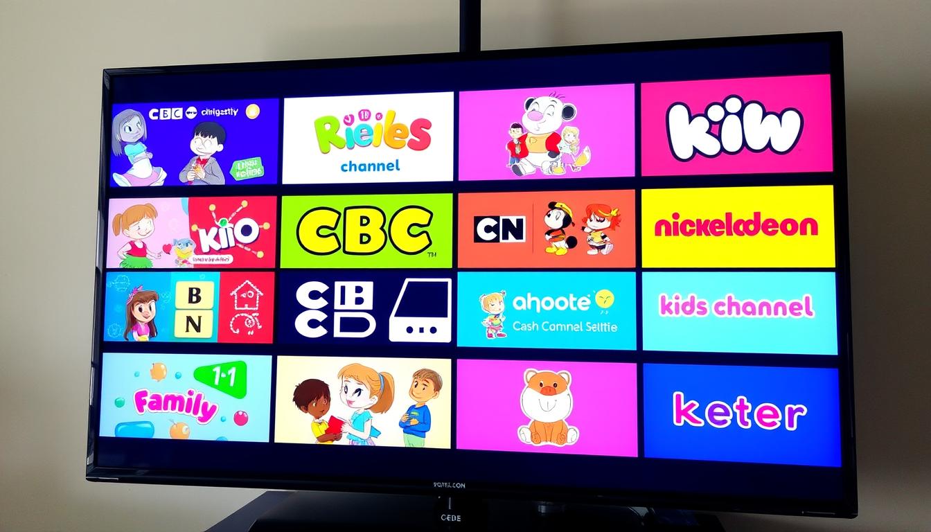 Colorful display of kids channel content showing cartoons and educational programming