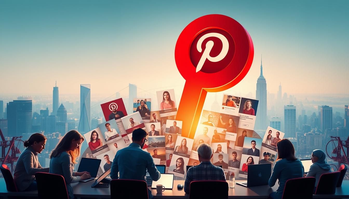 A vibrant, visually striking scene depicting the potential of Pinterest as an affiliate marketing platform. In the foreground, a group of diverse digital creators collaborate, laptops open, surrounded by a collage of curated Pinterest boards showcasing their products and services. The middle ground features a towering Pinterest logo, its iconic red pin casting a warm glow over the scene. In the background, a bustling city skyline with skyscrapers and tech hubs symbolizes the scale and reach of the platform. Soft, diffused lighting and a subtle color palette of blues, reds, and golds create a professional, aspirational atmosphere. The overall composition conveys the synergy between Pinterest's visual-driven nature and the opportunities it offers for affiliate marketers to connect with their target audience.