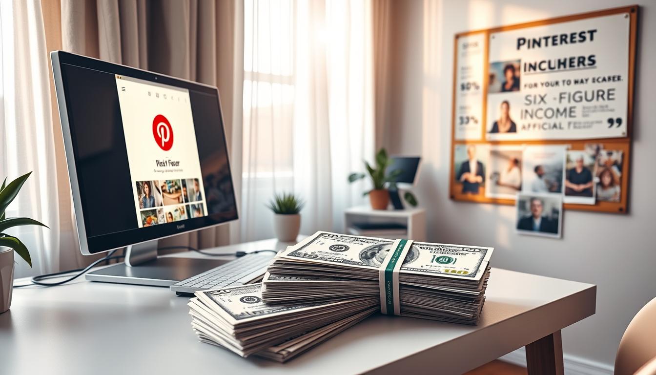 A serene home office with a desk, computer, and Pinterest app open on the screen. Soft natural lighting filters through sheer curtains, casting a warm glow. On the desk, a stack of US dollar bills symbolizes the earnings from a successful Pinterest affiliate marketing strategy. A mood board with inspiring visuals and stats hangs on the wall, highlighting the potential for six-figure income. The overall atmosphere conveys a sense of focus, productivity, and financial freedom.