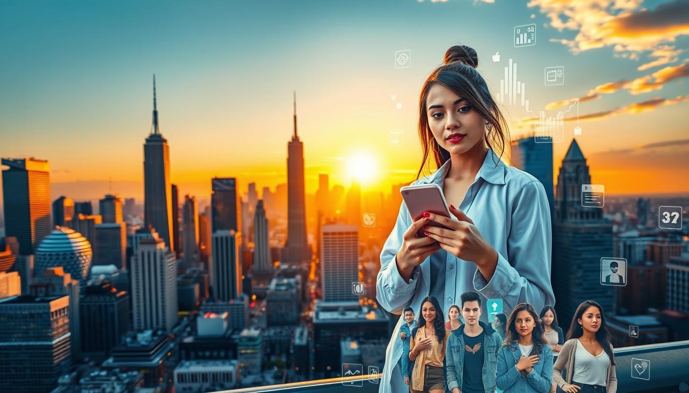A bustling city skyline at dusk, the sun's golden rays casting a warm glow over the metropolis. In the foreground, a young, fashionably dressed influencer stands confidently, her smartphone in hand, framed by a sleek, metallic backdrop that suggests the technological transformation of the industry. Floating holographic elements and data visualizations surround her, symbolizing the data-driven, digital nature of modern influencer marketing. The middle ground features a diverse array of social media influencers, each representing a unique niche or persona, showcasing the diversification and personalization of the field. In the background, towering skyscrapers and a vibrant, neon-tinged cityscape convey the sense of scale, growth, and global reach of the influencer marketing landscape.