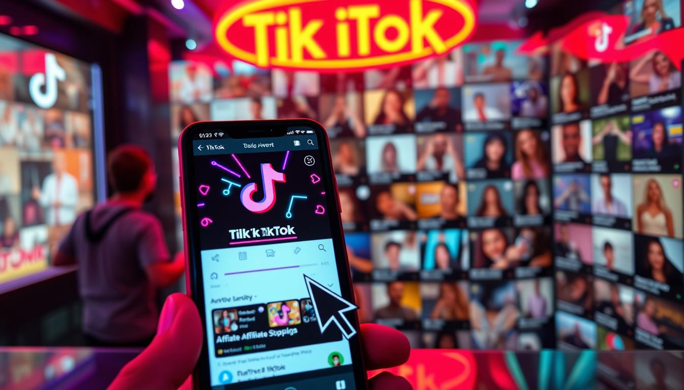 A bustling TikTok interface with a vibrant, neon-infused aesthetic. In the foreground, a smartphone display showcases a captivating video thumbnail with a trending affiliate marketing product. Colorful graphics, bold text overlays, and an energetic cursor animation draw the viewer's attention. The middle ground features a collage of TikTok user profiles, each with an array of follower counts and engagement metrics, highlighting the platform's vast potential for affiliate success. In the background, a dynamic array of TikTok's signature short-form video content plays, creating a sense of immersion and the platform's addictive, scroll-stopping nature. The overall scene conveys the excitement, fast-paced energy, and lucrative opportunities of TikTok's affiliate marketing landscape.