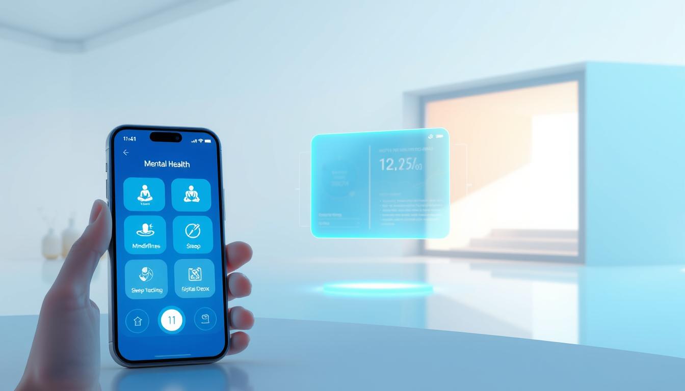 A serene digital landscape with a focus on mental health features. In the foreground, a stylized smartphone displays calming meditation app interfaces, with glowing icons representing mindfulness, sleep tracking, and digital detox tools. The middle ground features a floating holographic display showcasing wellness data and personalized recommendations. In the background, a minimalist architectural setting with clean lines and natural lighting creates a soothing ambiance. The overall atmosphere conveys a sense of digital well-being, balance, and harmony, reflecting the central role of mental health in the future of social media.